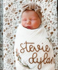 Personalized Baby Swaddle Blanket Embroidered with Name and Floral Spray, Soft Cotton Muslin