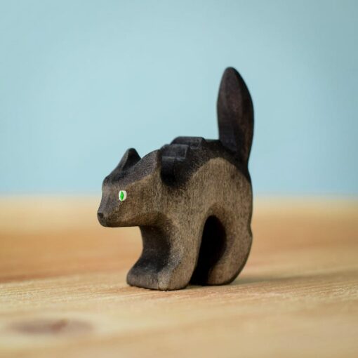Handmade Wooden Scared Cat Figurine Eco-Friendly Waldorf Toy for Imaginative Play