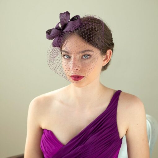 Enchanting Eggplant Fascinator A Birdcage of Elegance for Special Occasions