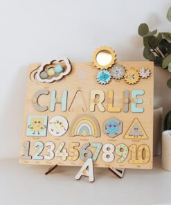 Personalized Montessori Busy Board Educational Shape Puzzle for Toddlers, Engraved with Name