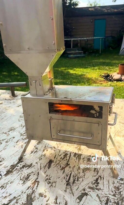 Gravity Feed Pellet Stove Outdoor Camping and Small Space Heating Solution with Oven and Cooktop