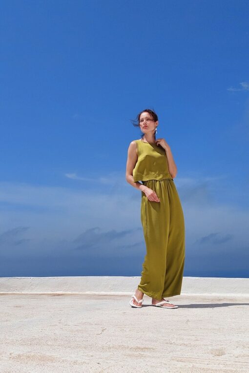 KYMA TOP Olive Satin Viscose Crop Top for Summer Comfort and Elegance