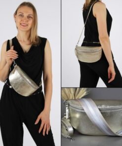Gold Fanny Pack Interchangeable Wide Belt, Patterned Strap, Leather Crossbody, Silver Zipper Handbag