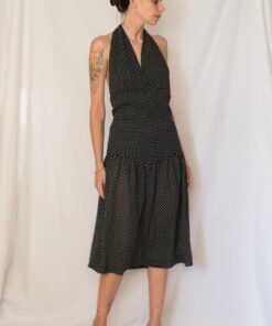 Vintage 1980s Black and White Polka Dot Drop Waist Midi Dress with Open Back