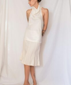 Vintage 1980s Ivory Satin Cowl Neck Halter Top with Open Back