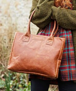 Reworked Personalized Haath Large Brown Leather Handbag Handmade Shoulder Bag for Laptop, Work, or School