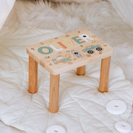 Personalized Name Step Stool Montessori Toy, Nursery Decor, Toddler Gift, Baptism Boy Gift, Name Puzzle with Cars and Planes