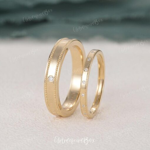 Exquisite Milgrain Couple Rings Unique Moissanite Wedding Bands for Eternal Love
