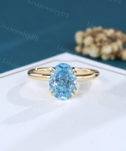 Vintage Oval Cut Lab Blue Diamond Solitaire Engagement Ring in Yellow Gold