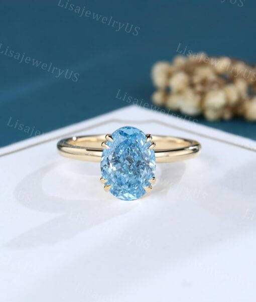 Vintage Oval Cut Lab Blue Diamond Solitaire Engagement Ring in Yellow Gold
