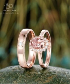 His and Hers Pink Morganite Halo Engagement Ring Set A Symbol of Eternal Love