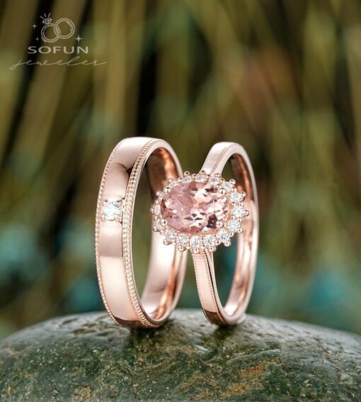 His and Hers Pink Morganite Halo Engagement Ring Set A Symbol of Eternal Love