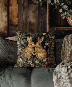 Enchanted Woodland Retreat Botanical Rabbits Throw Pillows, Inspired by William Morris