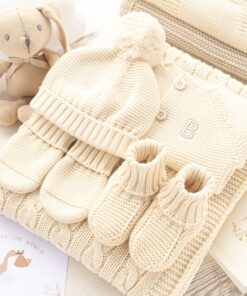 Toffee Moon Cream Personalized Baby Blanket, Cardigan, and Accessory Gift Set with Toy Bunny