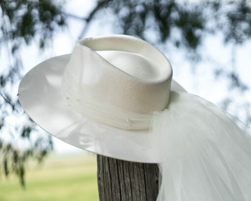Timeless Bridal Elegance White Fedora and Ivory Rancher Hat with Pearl Accents