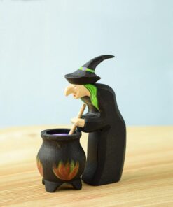 Enchanting Waldorf-Inspired Halloween Toy Handmade Witch and Cauldron Set with Organic Wood and Non-Toxic Paints