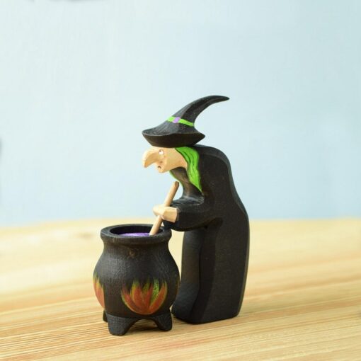 Enchanting Waldorf-Inspired Halloween Toy Handmade Witch and Cauldron Set with Organic Wood and Non-Toxic Paints