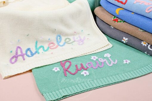 Personalized Hand-Embroidered Knit Baby Blanket A Cherished Keepsake for Your Little One