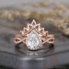Pear Moissanite Bridal Ring Crown-Shaped Cluster of 14K Solid Gold, Promise or Wedding Band, Art Deco Stacking Ring, Gift for Girlfriend