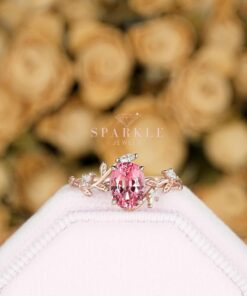 Exquisite Padparadscha Pink Sapphire Leaf Engagement Ring A Unique Rose Gold Vine Wedding Band