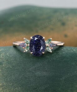 Celestial Symphony Oval Blue Sandstone, Marquise Moss Agate, and Alexandrite Galaxy Rings in Rose Gold