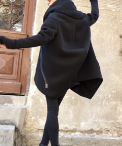 Luxurious Asymmetrical Black Hooded Coat Warmth, Style, and Functionality
