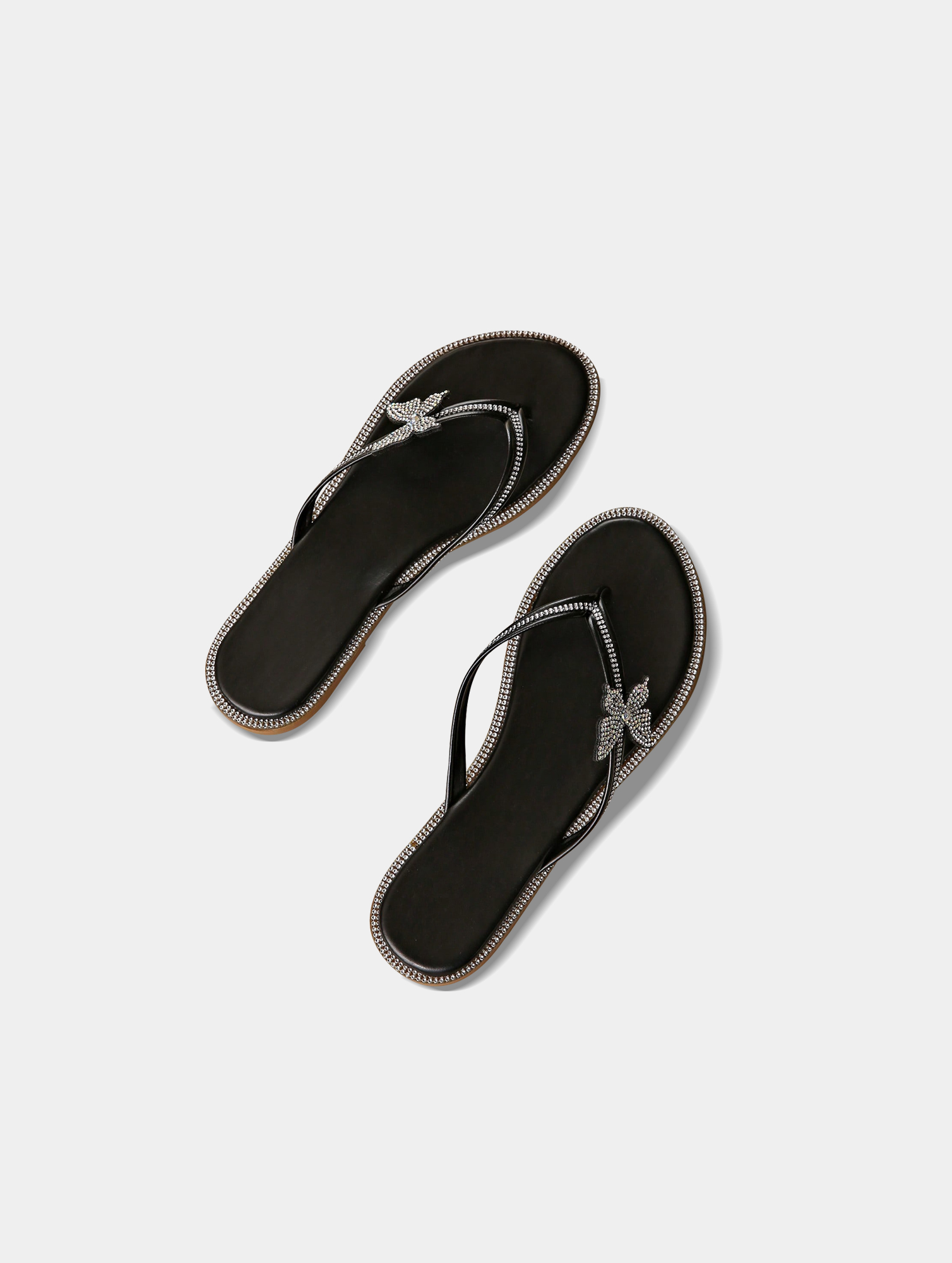 Womens-Black-Rhinestone-Flip-Flops-3.jpg Women's Black Rhinestone Flip Flops - Butterfly Accent, Non-Slip - Image 3